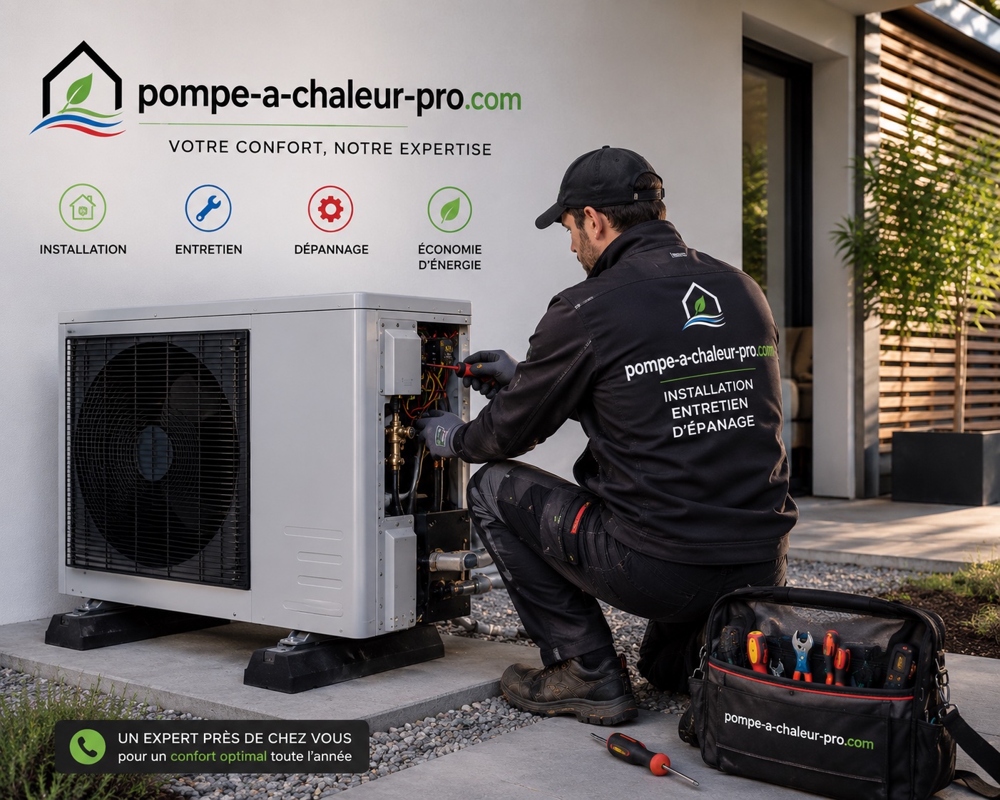 Technicien certifié pompe-a-chaleur-pro.com effectuant l'entretien d'une pompe à chaleur extérieure