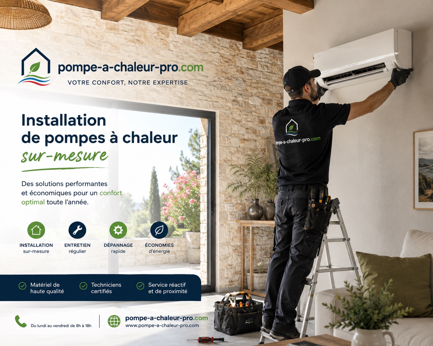 Technicien installant une pompe à chaleur murale sur-mesure dans un intérieur en pierre