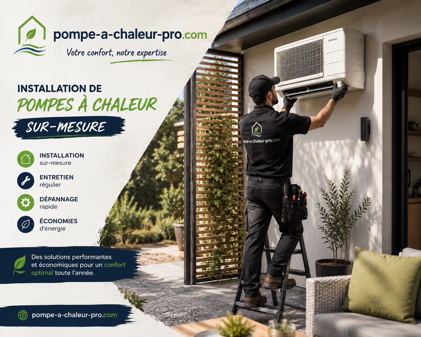 Pompe à chaleur installée dans un cadre extérieur soigné, technicien pompe-a-chaleur-pro.com